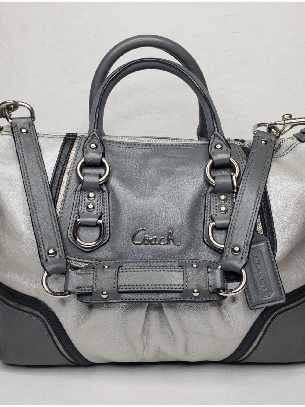 Coach Ashley Spectator Silver Gray Black Leather Satchel Bag Carryall F17455
